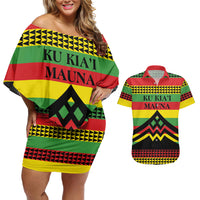 Hawaii Ku Kia'i Mauna Personalized Couples Matching Off Shoulder Short Dress and Hawaiian Shirt Hawaiian Kanaka Maoli Motif LT9 Green - Polynesian Pride