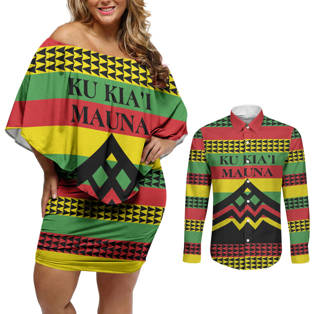 Hawaii Ku Kia'i Mauna Personalized Couples Matching Off Shoulder Short Dress and Long Sleeve Button Shirt Hawaiian Kanaka Maoli Motif LT9 Green - Polynesian Pride