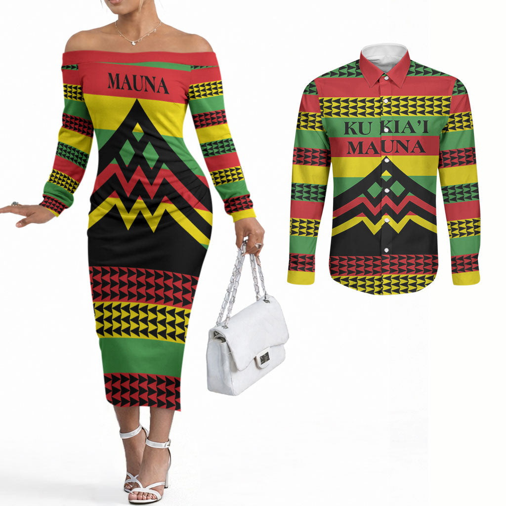 Hawaii Ku Kia'i Mauna Personalized Couples Matching Off The Shoulder Long Sleeve Dress and Long Sleeve Button Shirt Hawaiian Kanaka Maoli Motif LT9 Green - Polynesian Pride