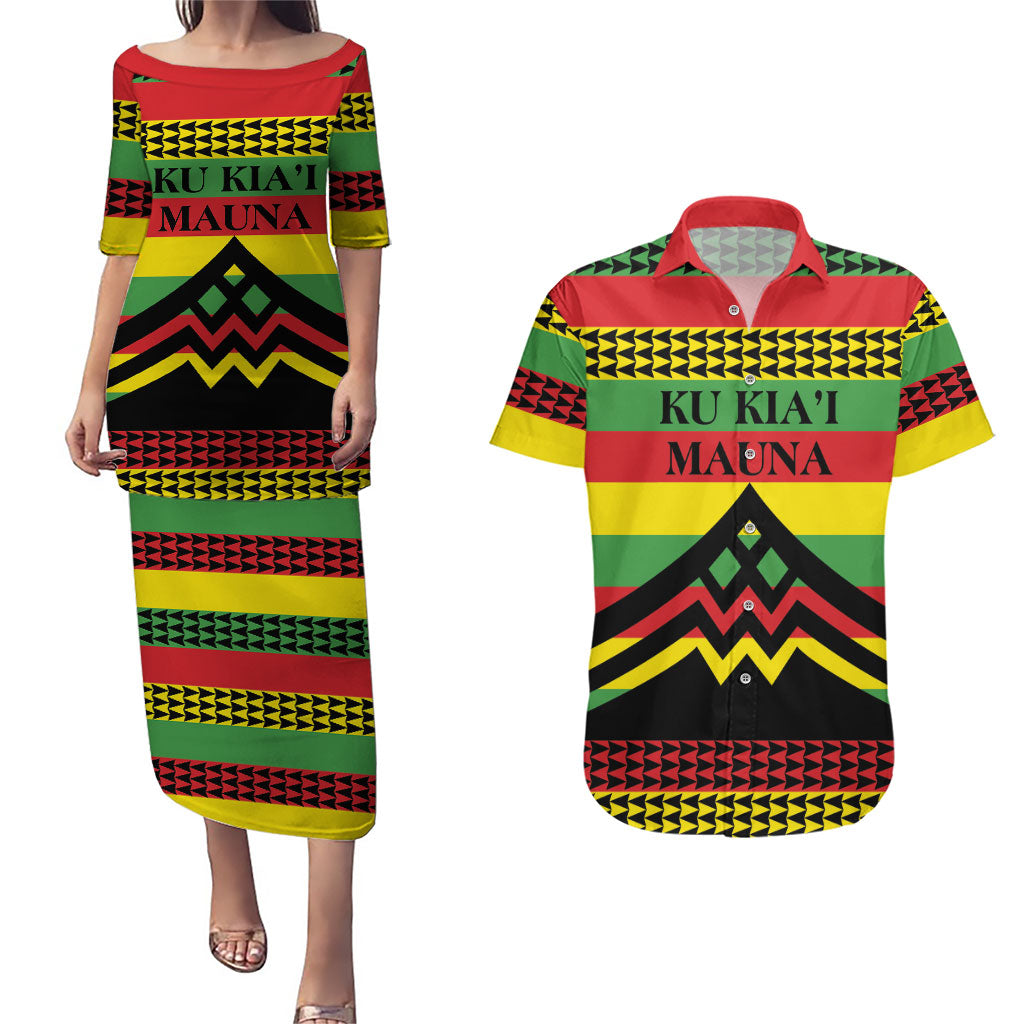 Hawaii Ku Kia'i Mauna Personalized Couples Matching Puletasi and Hawaiian Shirt Hawaiian Kanaka Maoli Motif LT9 Green - Polynesian Pride