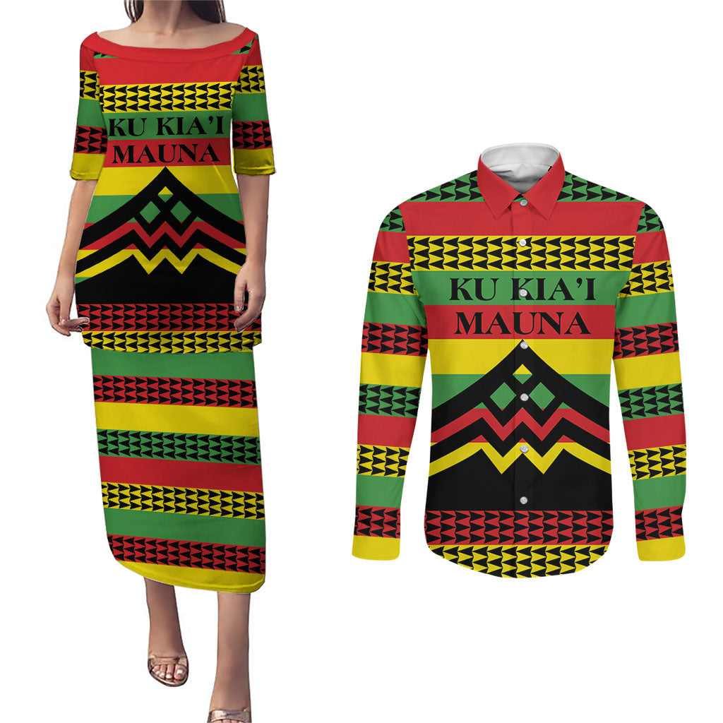 Hawaii Ku Kia'i Mauna Personalized Couples Matching Puletasi and Long Sleeve Button Shirt Hawaiian Kanaka Maoli Motif LT9 Green - Polynesian Pride