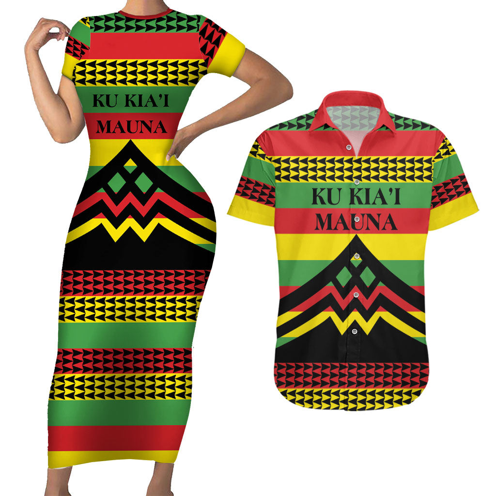 Hawaii Ku Kia'i Mauna Personalized Couples Matching Short Sleeve Bodycon Dress and Hawaiian Shirt Hawaiian Kanaka Maoli Motif LT9 Green - Polynesian Pride