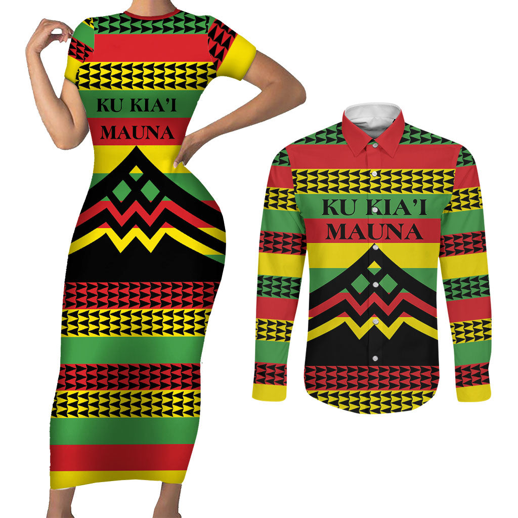 Hawaii Ku Kia'i Mauna Personalized Couples Matching Short Sleeve Bodycon Dress and Long Sleeve Button Shirt Hawaiian Kanaka Maoli Motif LT9 Green - Polynesian Pride