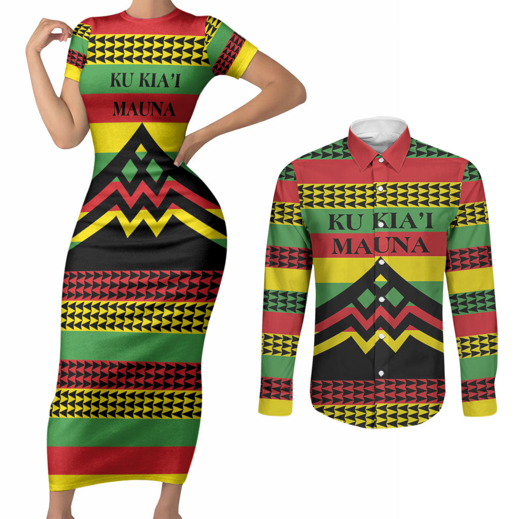 Hawaii Ku Kia'i Mauna Personalized Couples Matching Short Sleeve Bodycon Dress and Long Sleeve Button Shirt Hawaiian Kanaka Maoli Motif LT9 Green - Polynesian Pride