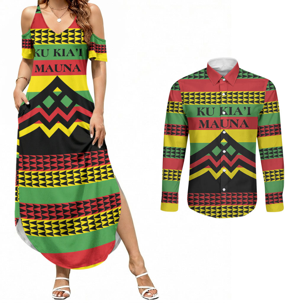 Hawaii Ku Kia'i Mauna Personalized Couples Matching Summer Maxi Dress and Long Sleeve Button Shirt Hawaiian Kanaka Maoli Motif LT9 Green - Polynesian Pride