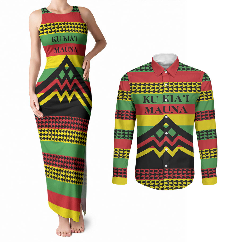Hawaii Ku Kia'i Mauna Personalized Couples Matching Tank Maxi Dress and Long Sleeve Button Shirt Hawaiian Kanaka Maoli Motif LT9 Green - Polynesian Pride