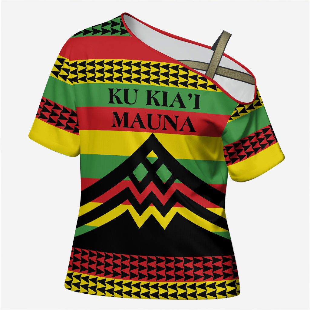 Hawaii Ku Kia'i Mauna Personalized Cross Shoulder Shirt Hawaiian Kanaka Maoli Motif LT9 Female Green - Polynesian Pride