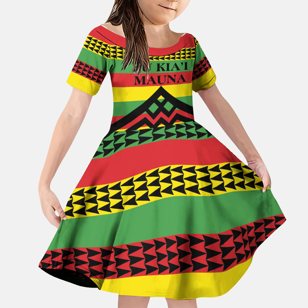 Hawaii Ku Kia'i Mauna Personalized Family Matching Puletasi and Hawaiian Shirt Hawaiian Kanaka Maoli Motif LT9 Daughter's Dress Green - Polynesian Pride