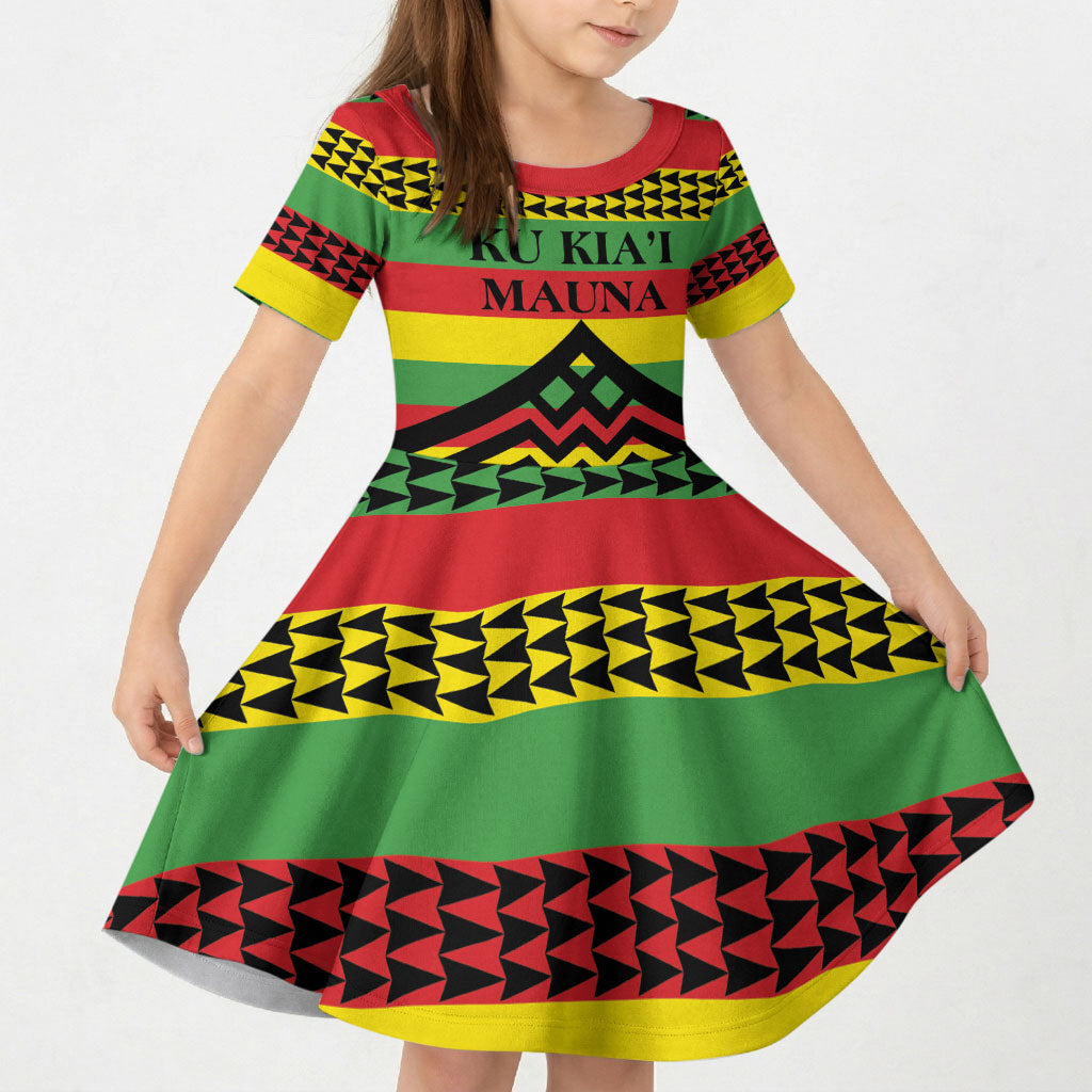 Hawaii Ku Kia'i Mauna Personalized Kid Short Sleeve Dress Hawaiian Kanaka Maoli Motif LT9 KID Green - Polynesian Pride