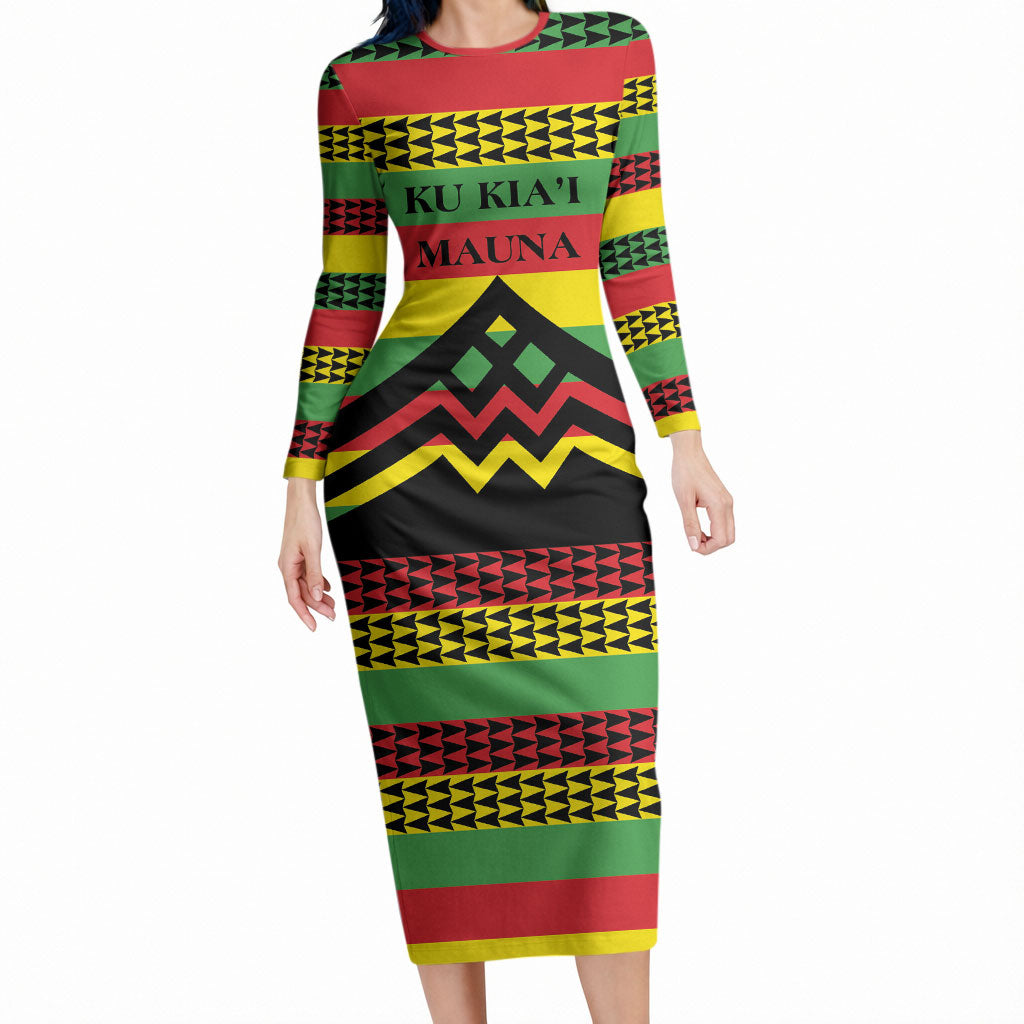 Hawaii Ku Kia'i Mauna Personalized Long Sleeve Bodycon Dress Hawaiian Kanaka Maoli Motif LT9 Long Dress Green - Polynesian Pride