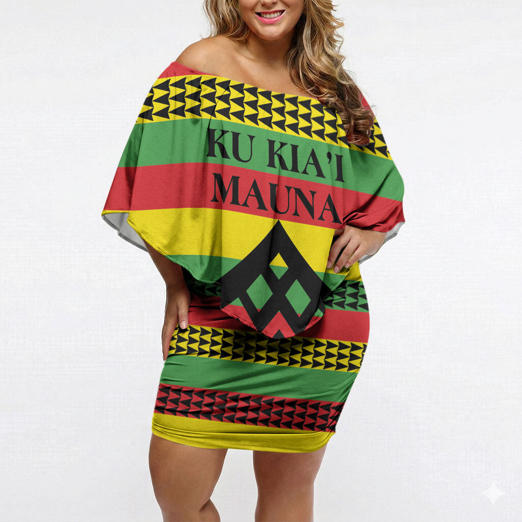 Hawaii Ku Kia'i Mauna Personalized Off Shoulder Short Dress Hawaiian Kanaka Maoli Motif LT9 Women Green - Polynesian Pride
