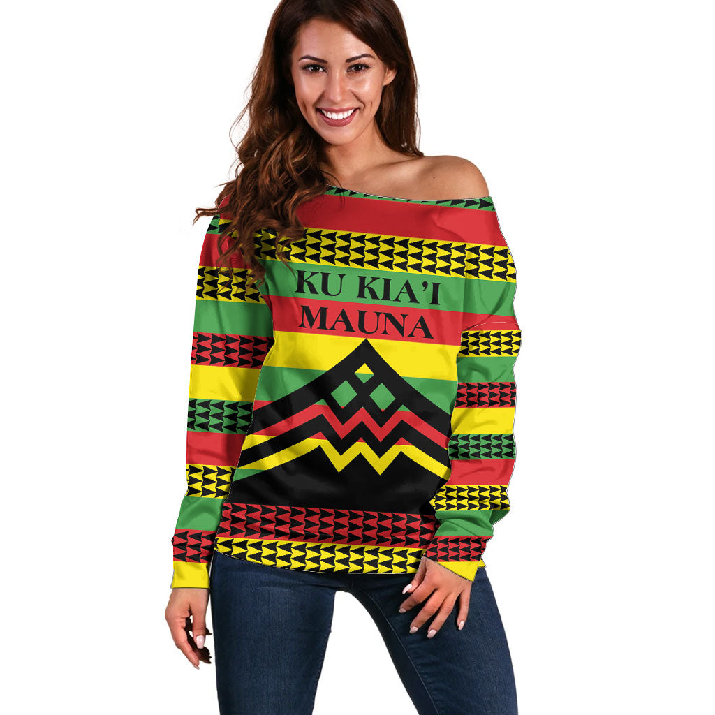 Hawaii Ku Kia'i Mauna Personalized Off Shoulder Sweater Hawaiian Kanaka Maoli Motif LT9 Women Green - Polynesian Pride
