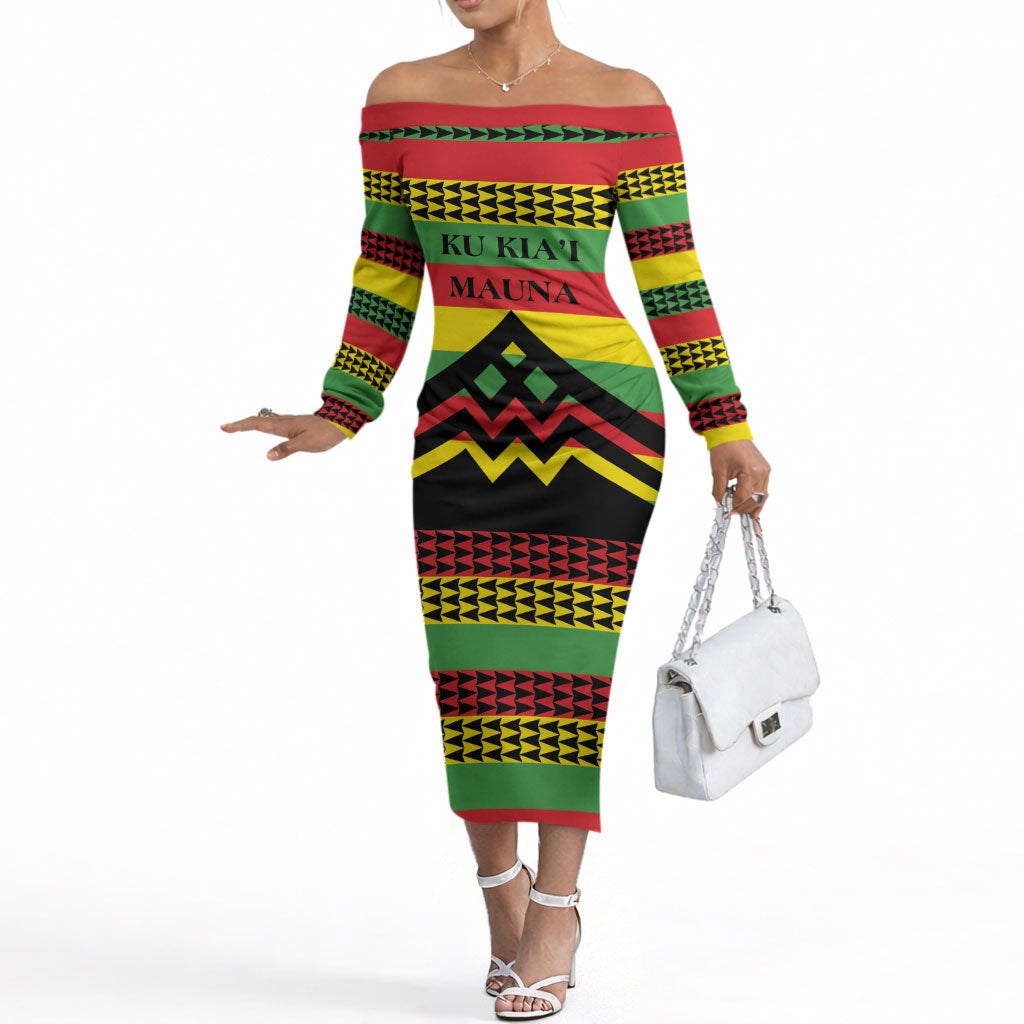 Hawaii Ku Kia'i Mauna Personalized Off The Shoulder Long Sleeve Dress Hawaiian Kanaka Maoli Motif LT9 Women Green - Polynesian Pride