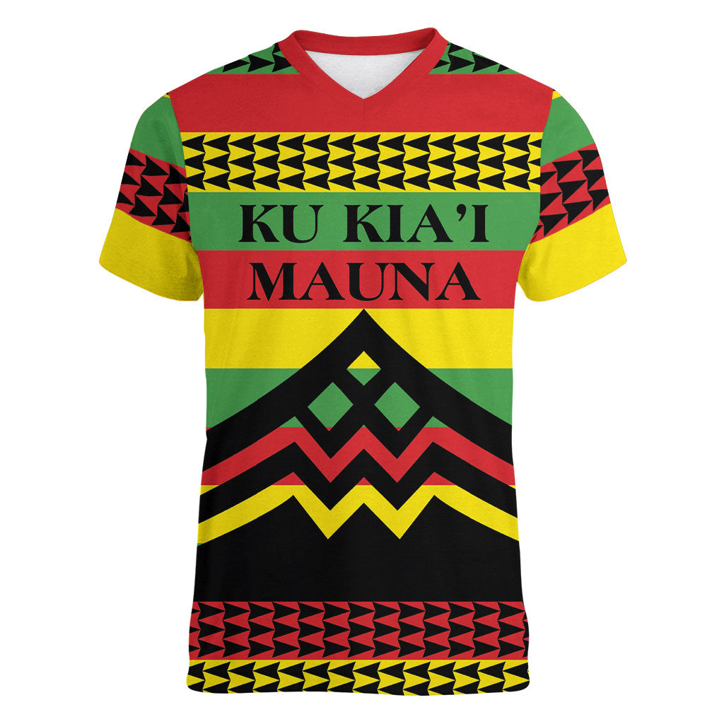 Hawaii Ku Kia'i Mauna Personalized Women V-Neck T-Shirt Hawaiian Kanaka Maoli Motif LT9 Female Green - Polynesian Pride