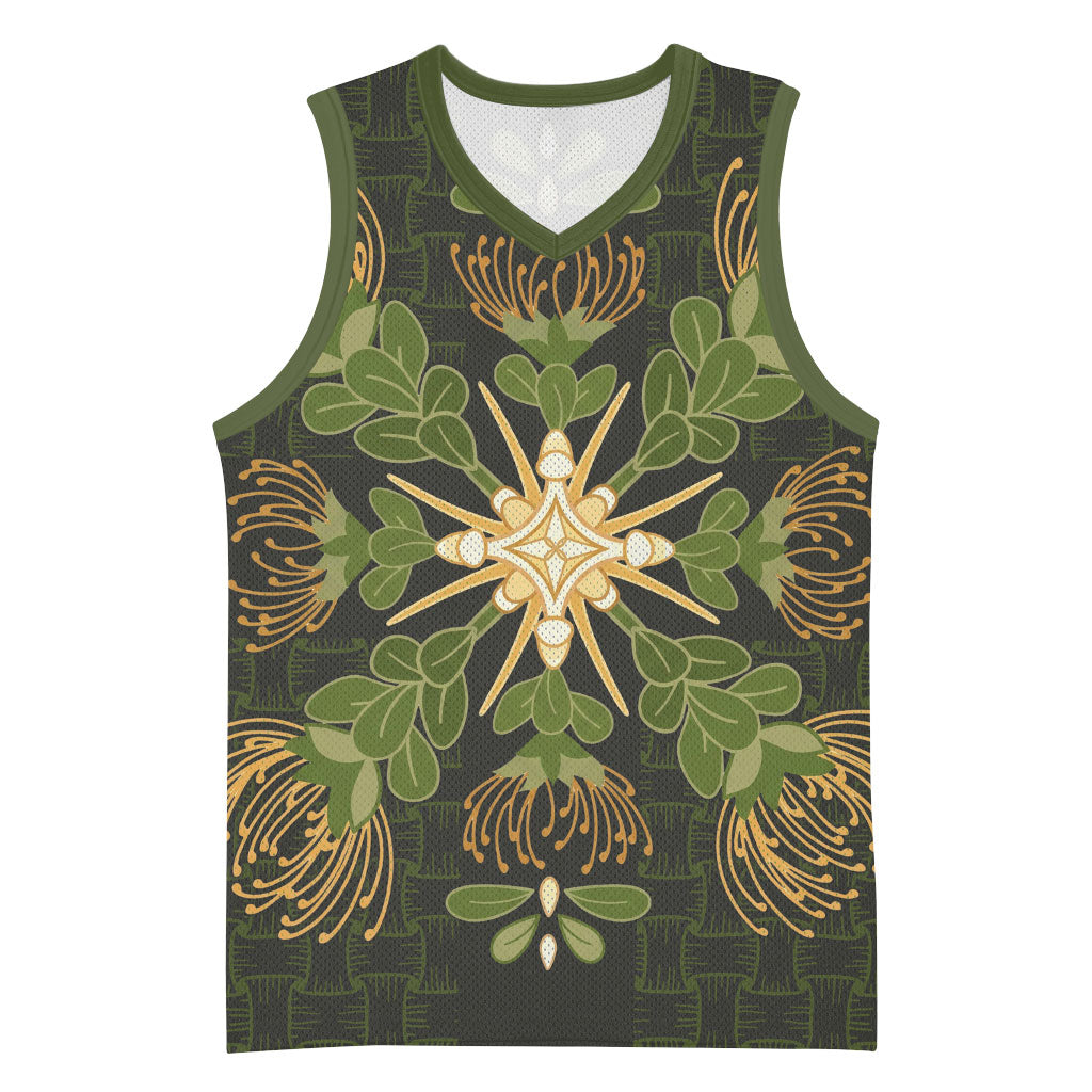 Hawaii Ohia Lehua Squares Basketball Jersey Hawaiian Quilt Inspired Floral Pattern LT9 Unisex Green - Polynesian Pride