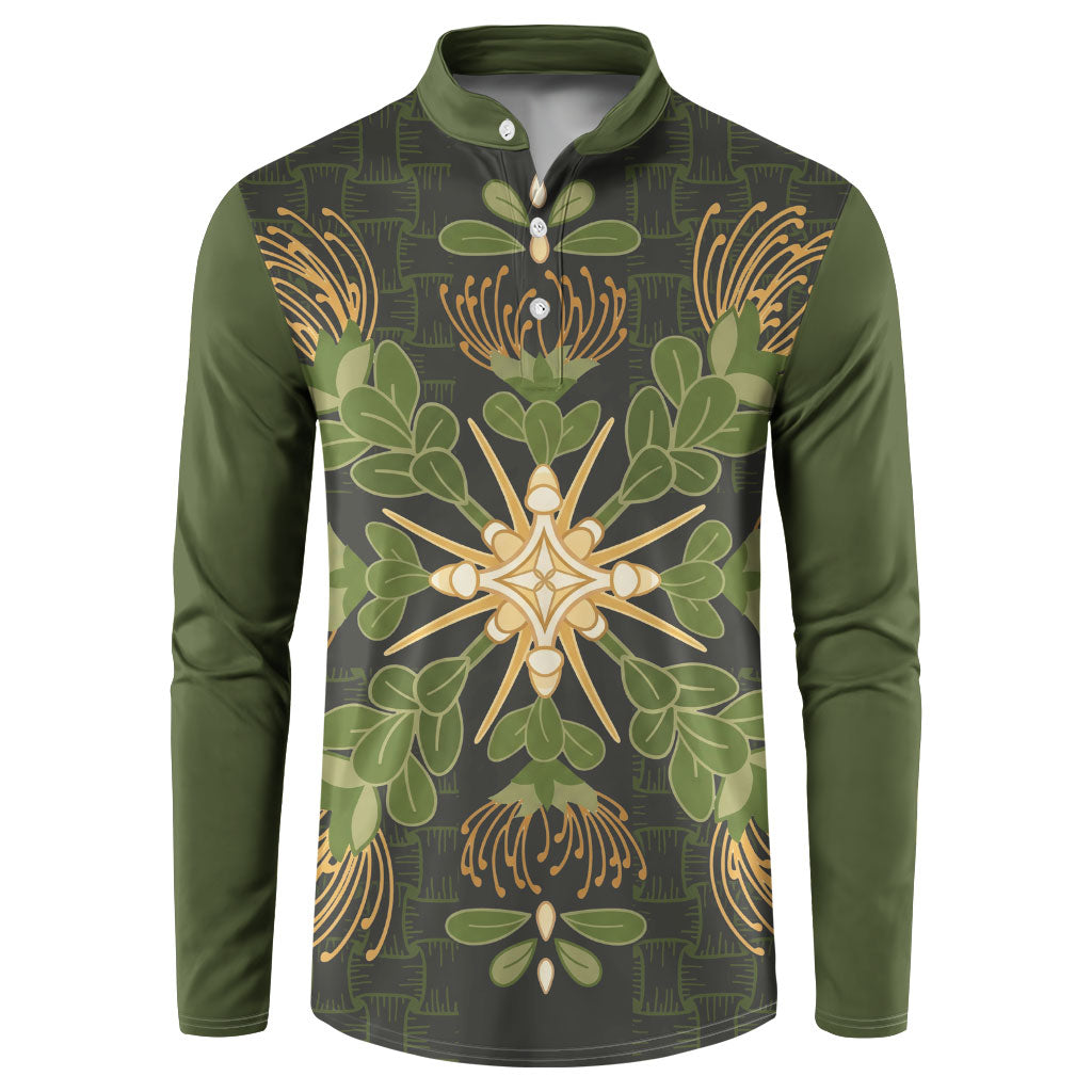 Hawaii Ohia Lehua Squares Button Sweatshirt Hawaiian Quilt Inspired Floral Pattern