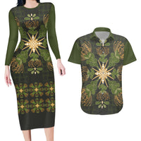 Hawaii Ohia Lehua Squares Couples Matching Long Sleeve Bodycon Dress and Hawaiian Shirt Hawaiian Quilt Inspired Floral Pattern LT9 Green - Polynesian Pride