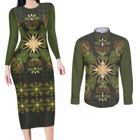 Hawaii Ohia Lehua Squares Couples Matching Long Sleeve Bodycon Dress and Long Sleeve Button Shirt Hawaiian Quilt Inspired Floral Pattern LT9 Green - Polynesian Pride