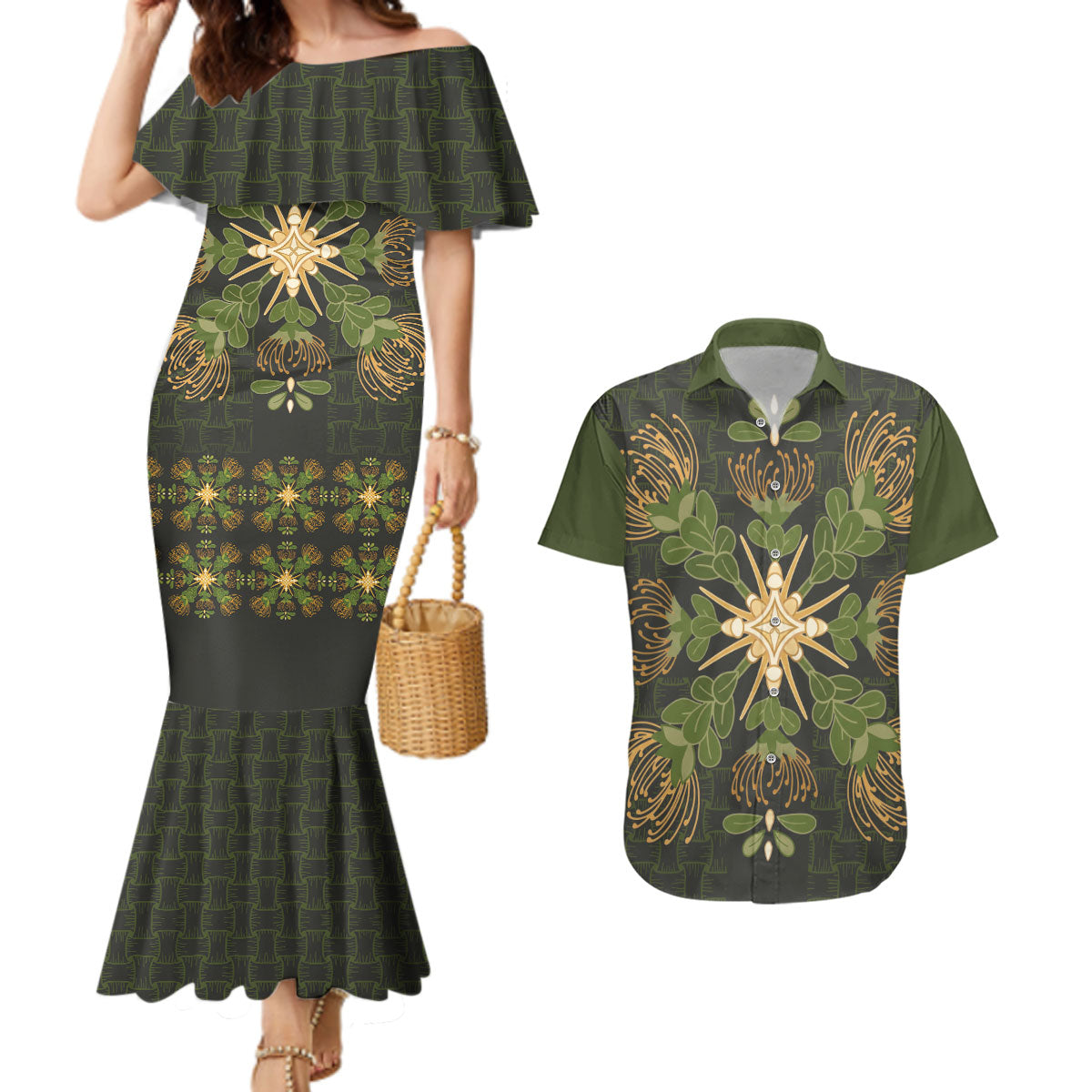 Hawaii Ohia Lehua Squares Couples Matching Mermaid Dress and Hawaiian Shirt Hawaiian Quilt Inspired Floral Pattern LT9 Green - Polynesian Pride