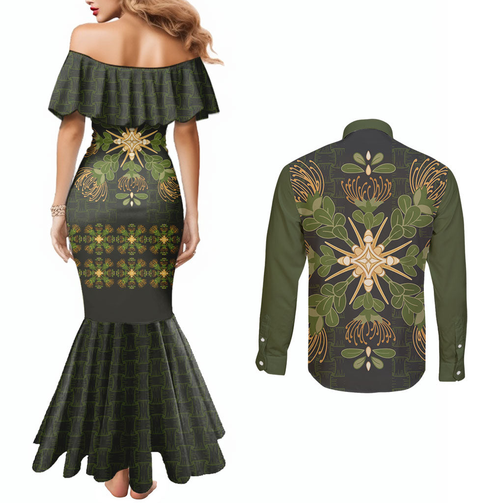 Hawaii Ohia Lehua Squares Couples Matching Mermaid Dress and Long Sleeve Button Shirt Hawaiian Quilt Inspired Floral Pattern LT9 - Polynesian Pride