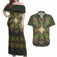 Hawaii Ohia Lehua Squares Couples Matching Off Shoulder Maxi Dress and Hawaiian Shirt Hawaiian Quilt Inspired Floral Pattern LT9 Green - Polynesian Pride