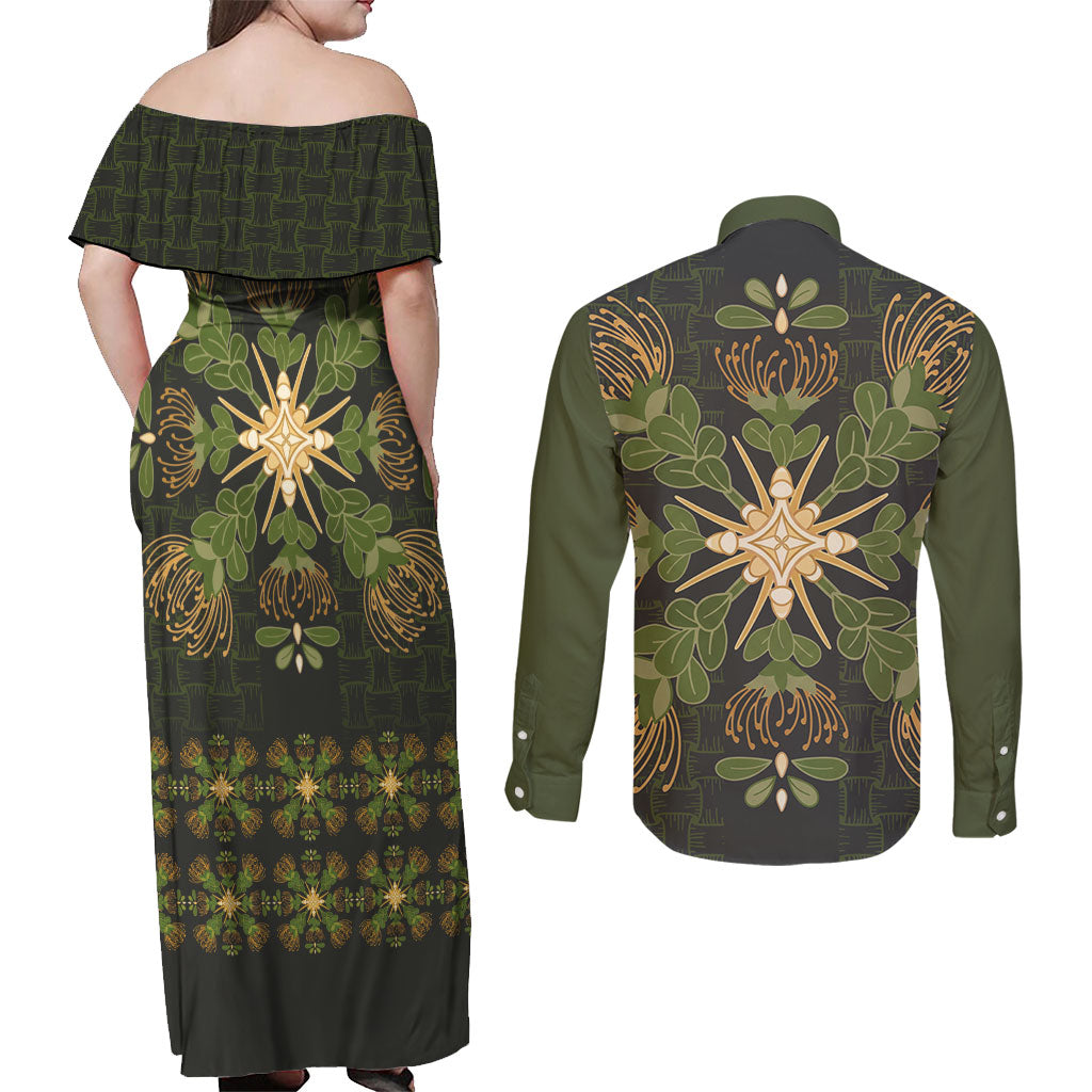 Hawaii Ohia Lehua Squares Couples Matching Off Shoulder Maxi Dress and Long Sleeve Button Shirt Hawaiian Quilt Inspired Floral Pattern LT9 - Polynesian Pride