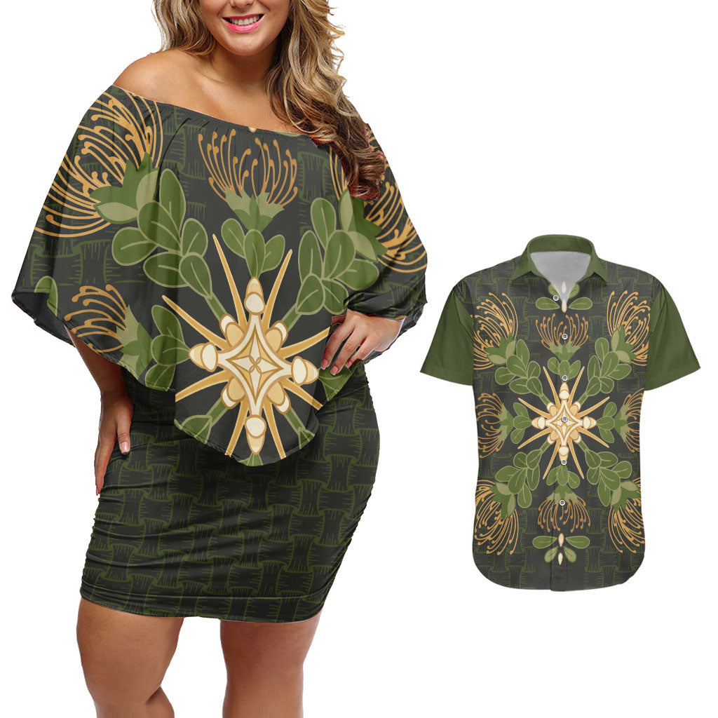 Hawaii Ohia Lehua Squares Couples Matching Off Shoulder Short Dress and Hawaiian Shirt Hawaiian Quilt Inspired Floral Pattern LT9 Green - Polynesian Pride