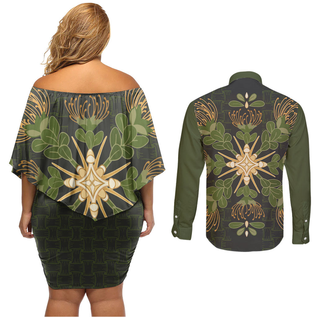 Hawaii Ohia Lehua Squares Couples Matching Off Shoulder Short Dress and Long Sleeve Button Shirt Hawaiian Quilt Inspired Floral Pattern LT9 - Polynesian Pride
