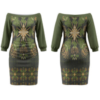 Hawaii Ohia Lehua Squares Couples Matching Off The Shoulder Long Sleeve Dress and Long Sleeve Button Shirt Hawaiian Quilt Inspired Floral Pattern LT9 - Polynesian Pride