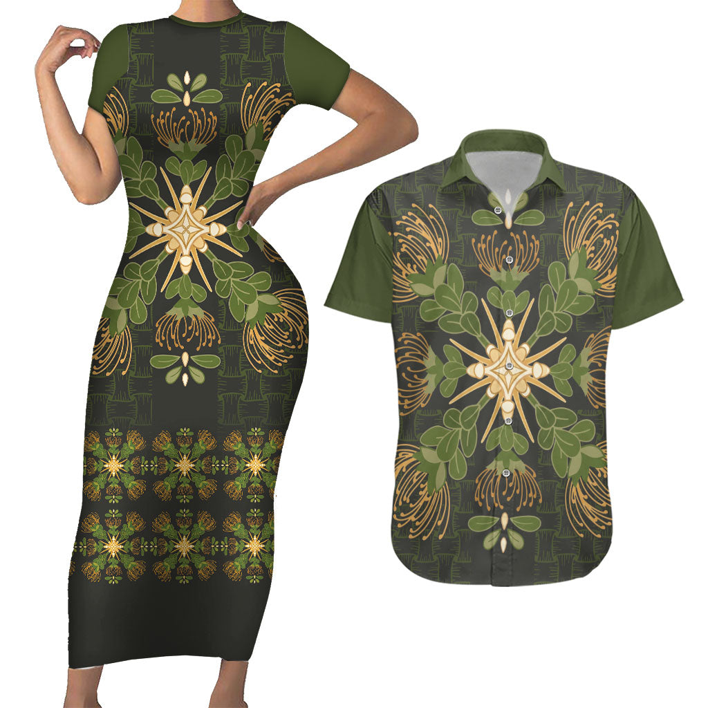Hawaii Ohia Lehua Squares Couples Matching Short Sleeve Bodycon Dress and Hawaiian Shirt Hawaiian Quilt Inspired Floral Pattern LT9 Green - Polynesian Pride