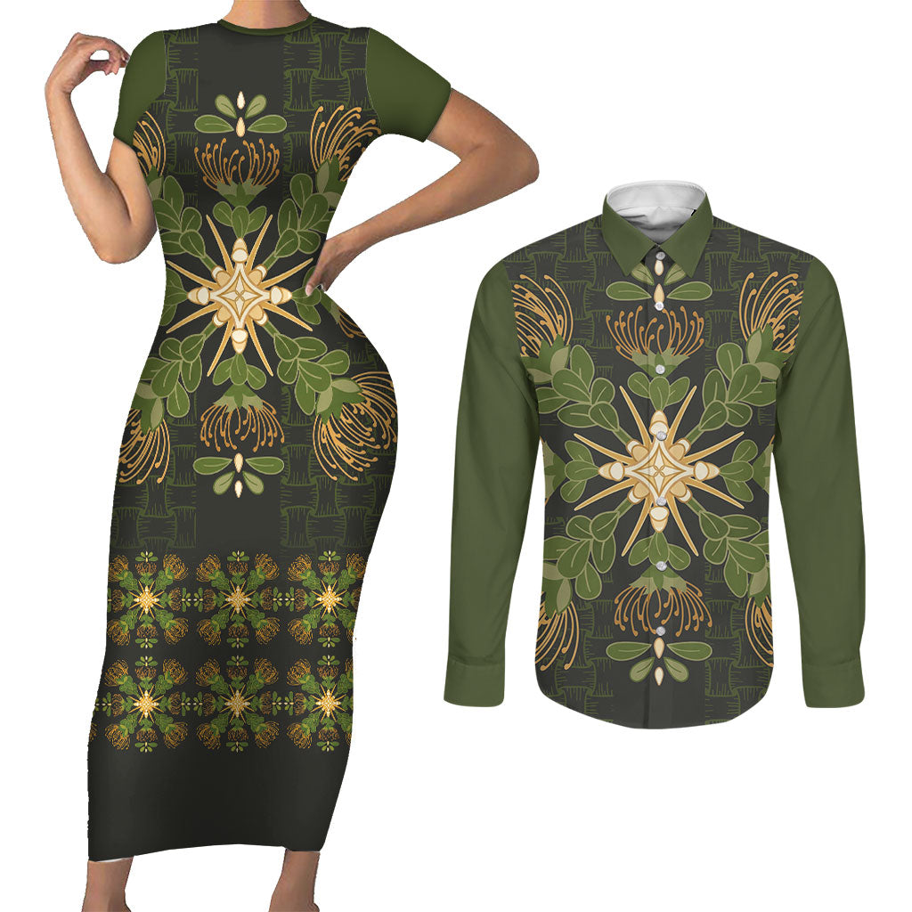 Hawaii Ohia Lehua Squares Couples Matching Short Sleeve Bodycon Dress and Long Sleeve Button Shirt Hawaiian Quilt Inspired Floral Pattern