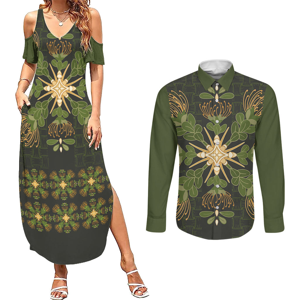 Hawaii Ohia Lehua Squares Couples Matching Summer Maxi Dress and Long Sleeve Button Shirt Hawaiian Quilt Inspired Floral Pattern