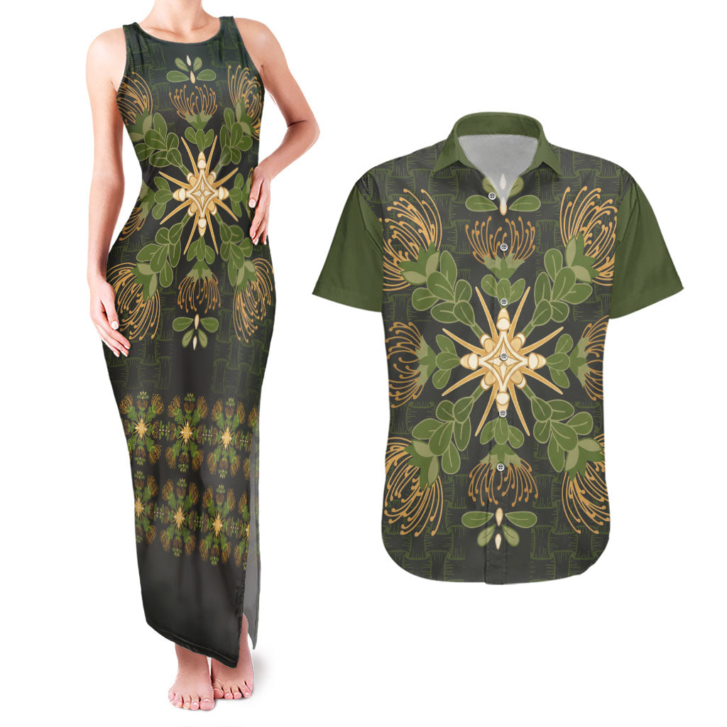 Hawaii Ohia Lehua Squares Couples Matching Tank Maxi Dress and Hawaiian Shirt Hawaiian Quilt Inspired Floral Pattern LT9 Green - Polynesian Pride