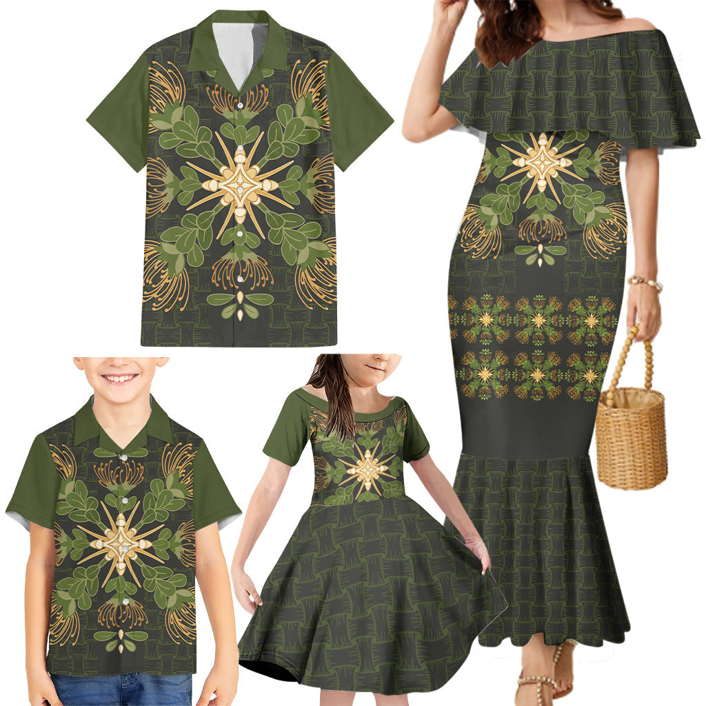 Hawaii Ohia Lehua Squares Family Matching Mermaid Dress and Hawaiian Shirt Hawaiian Quilt Inspired Floral Pattern