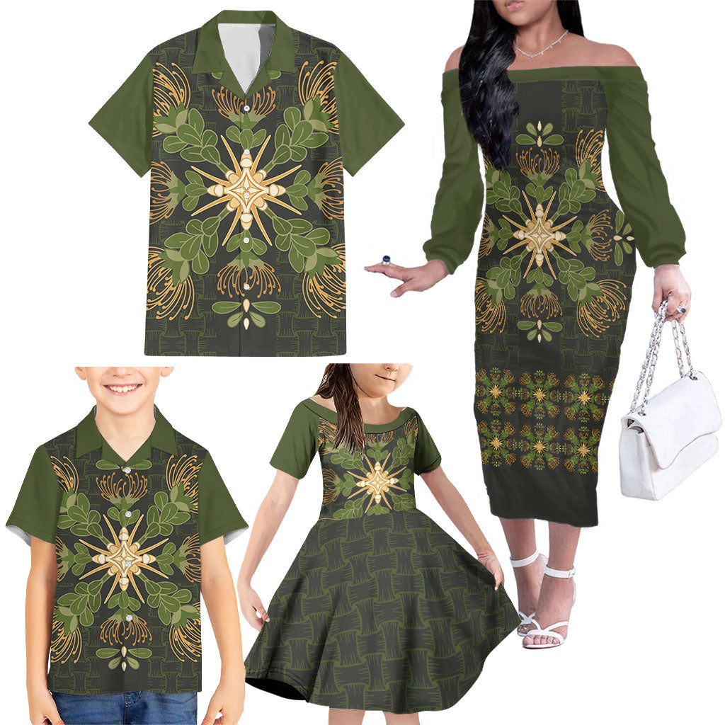 Hawaii Ohia Lehua Squares Family Matching Off The Shoulder Long Sleeve Dress and Hawaiian Shirt Hawaiian Quilt Inspired Floral Pattern