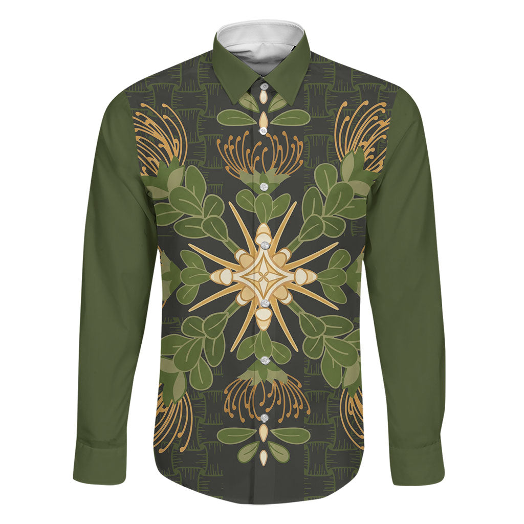 Hawaii Ohia Lehua Squares Family Matching Off Shoulder Maxi Dress and Hawaiian Shirt Hawaiian Quilt Inspired Floral Pattern LT9 Dad's Shirt - Long Sleeve Green - Polynesian Pride