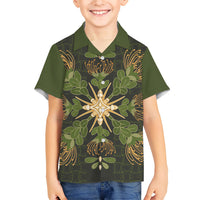 Hawaii Ohia Lehua Squares Family Matching Off Shoulder Short Dress and Hawaiian Shirt Hawaiian Quilt Inspired Floral Pattern LT9 Son's Shirt Green - Polynesian Pride
