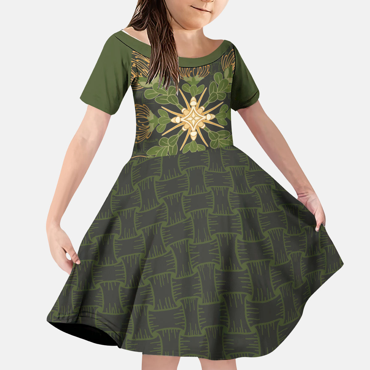 Hawaii Ohia Lehua Squares Kid Short Sleeve Dress Hawaiian Quilt Inspired Floral Pattern