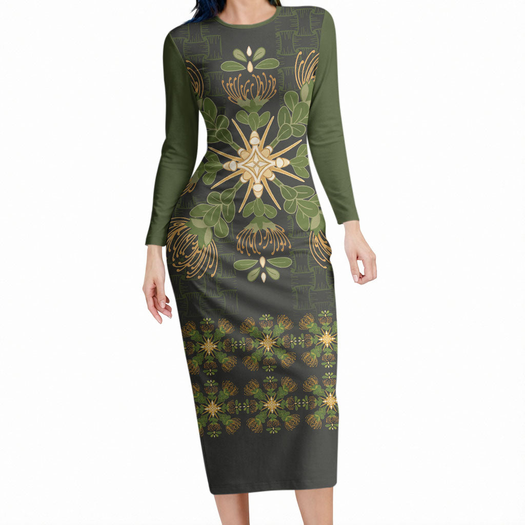Hawaii Ohia Lehua Squares Long Sleeve Bodycon Dress Hawaiian Quilt Inspired Floral Pattern LT9 Long Dress Green - Polynesian Pride