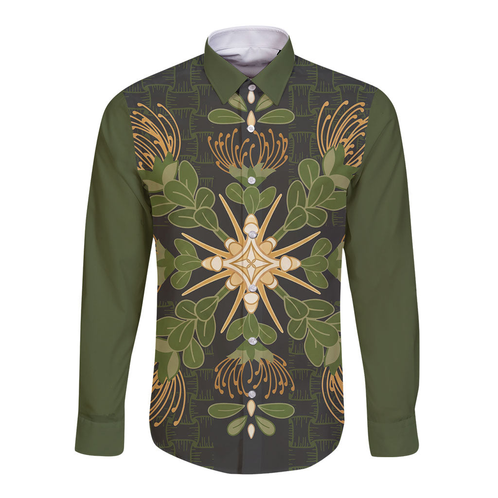 Hawaii Ohia Lehua Squares Long Sleeve Button Shirt Hawaiian Quilt Inspired Floral Pattern