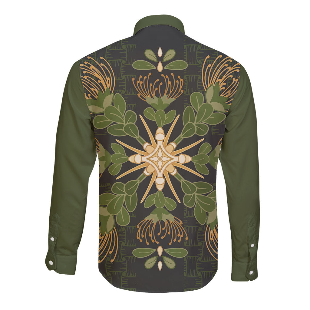 Hawaii Ohia Lehua Squares Long Sleeve Button Shirt Hawaiian Quilt Inspired Floral Pattern