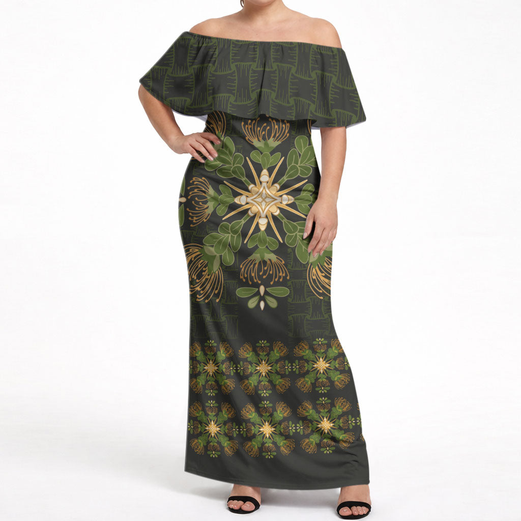 Hawaii Ohia Lehua Squares Off Shoulder Maxi Dress Hawaiian Quilt Inspired Floral Pattern LT9 Women Green - Polynesian Pride