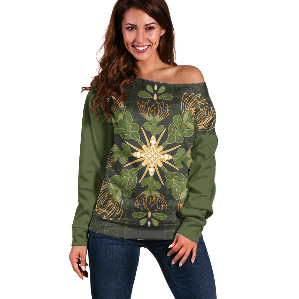 Hawaii Ohia Lehua Squares Off Shoulder Sweater Hawaiian Quilt Inspired Floral Pattern LT9 Women Green - Polynesian Pride