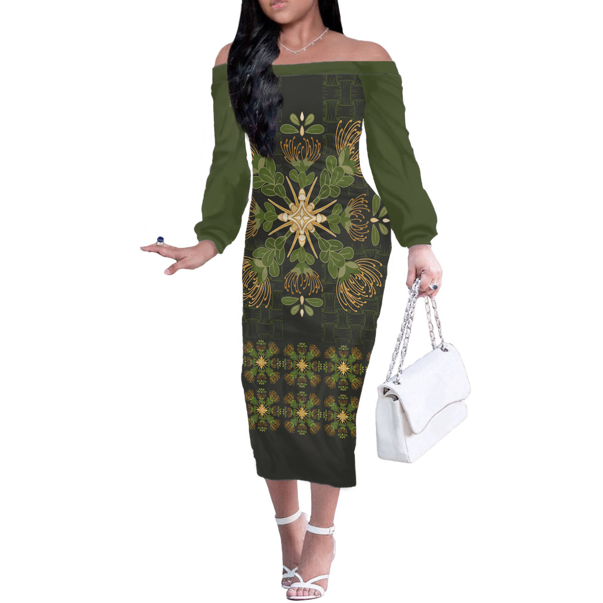 Hawaii Ohia Lehua Squares Off The Shoulder Long Sleeve Dress Hawaiian Quilt Inspired Floral Pattern