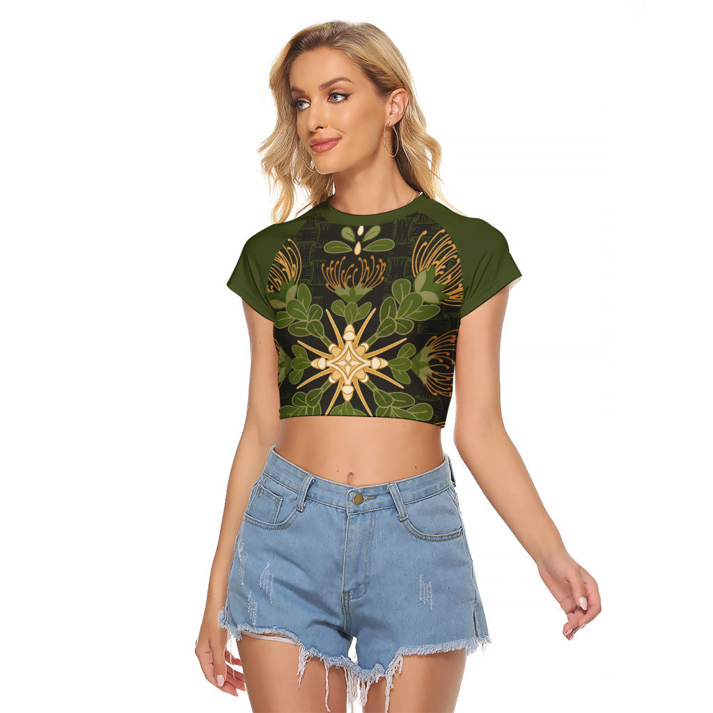 Hawaii Ohia Lehua Squares Raglan Cropped T Shirt Hawaiian Quilt Inspired Floral Pattern LT9 Female Green - Polynesian Pride