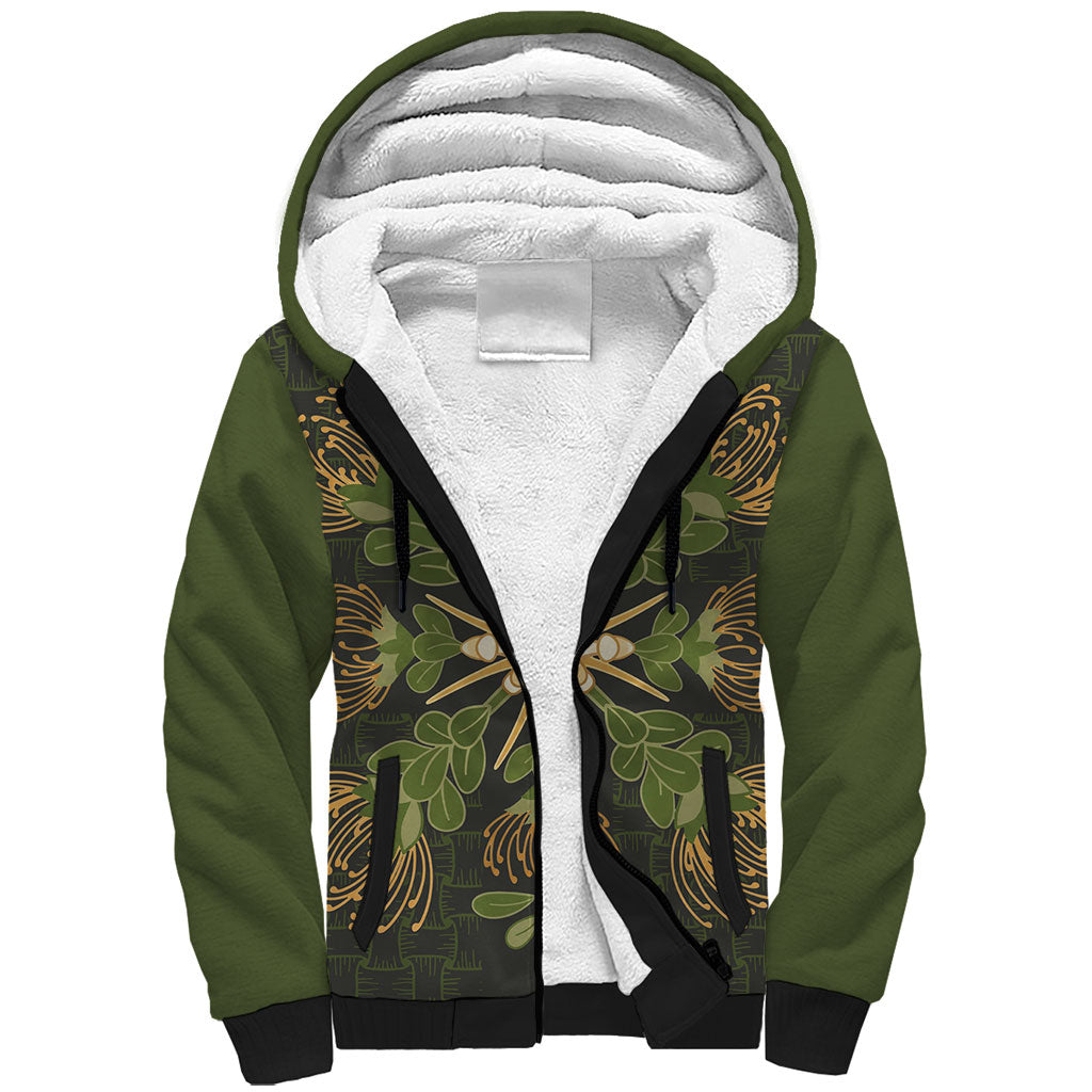 Hawaii Ohia Lehua Squares Sherpa Hoodie Hawaiian Quilt Inspired Floral Pattern LT9 Unisex Green - Polynesian Pride