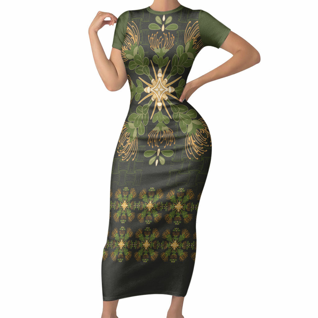 Hawaii Ohia Lehua Squares Short Sleeve Bodycon Dress Hawaiian Quilt Inspired Floral Pattern LT9 Long Dress Green - Polynesian Pride