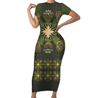 Hawaii Ohia Lehua Squares Short Sleeve Bodycon Dress Hawaiian Quilt Inspired Floral Pattern