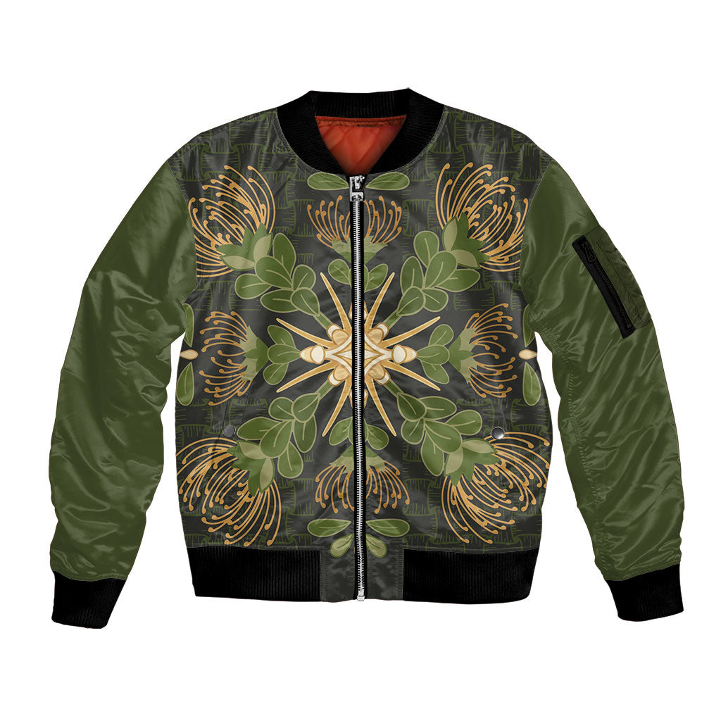 Hawaii Ohia Lehua Squares Sleeve Zip Bomber Jacket Hawaiian Quilt Inspired Floral Pattern LT9 Unisex Green - Polynesian Pride