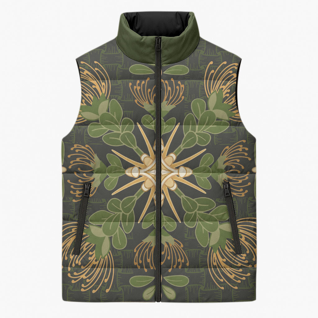 Hawaii Ohia Lehua Squares Sleeveless Puffer Jacket Hawaiian Quilt Inspired Floral Pattern